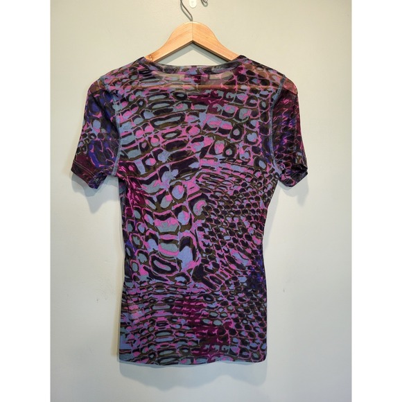 Sheer Mesh Stretch Purple Teal Geometric Short Sleeve Fitted Top Sz XL - Picture 4 of 7
